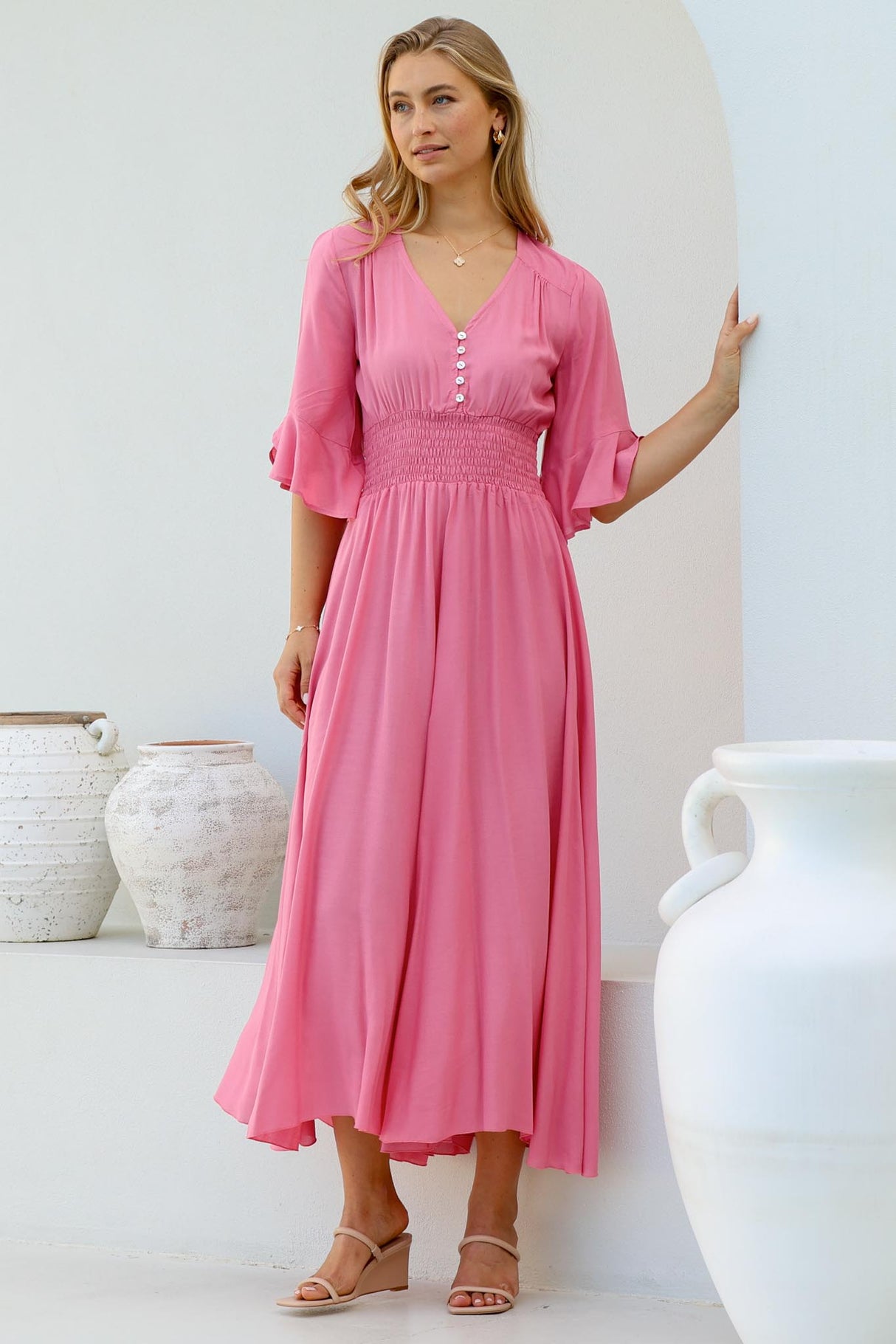 Alba Maxi Dress - Buttoned Bodice A Line Dress with Flute Sleeves in Pink