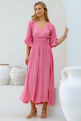 Alba Maxi Dress - Buttoned Bodie A Line Dress with Flute Sleeves in Pink