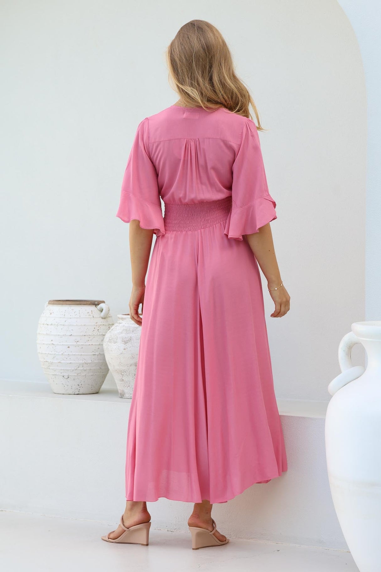 Alba Maxi Dress - Buttoned Bodice A Line Dress with Flute Sleeves in Pink