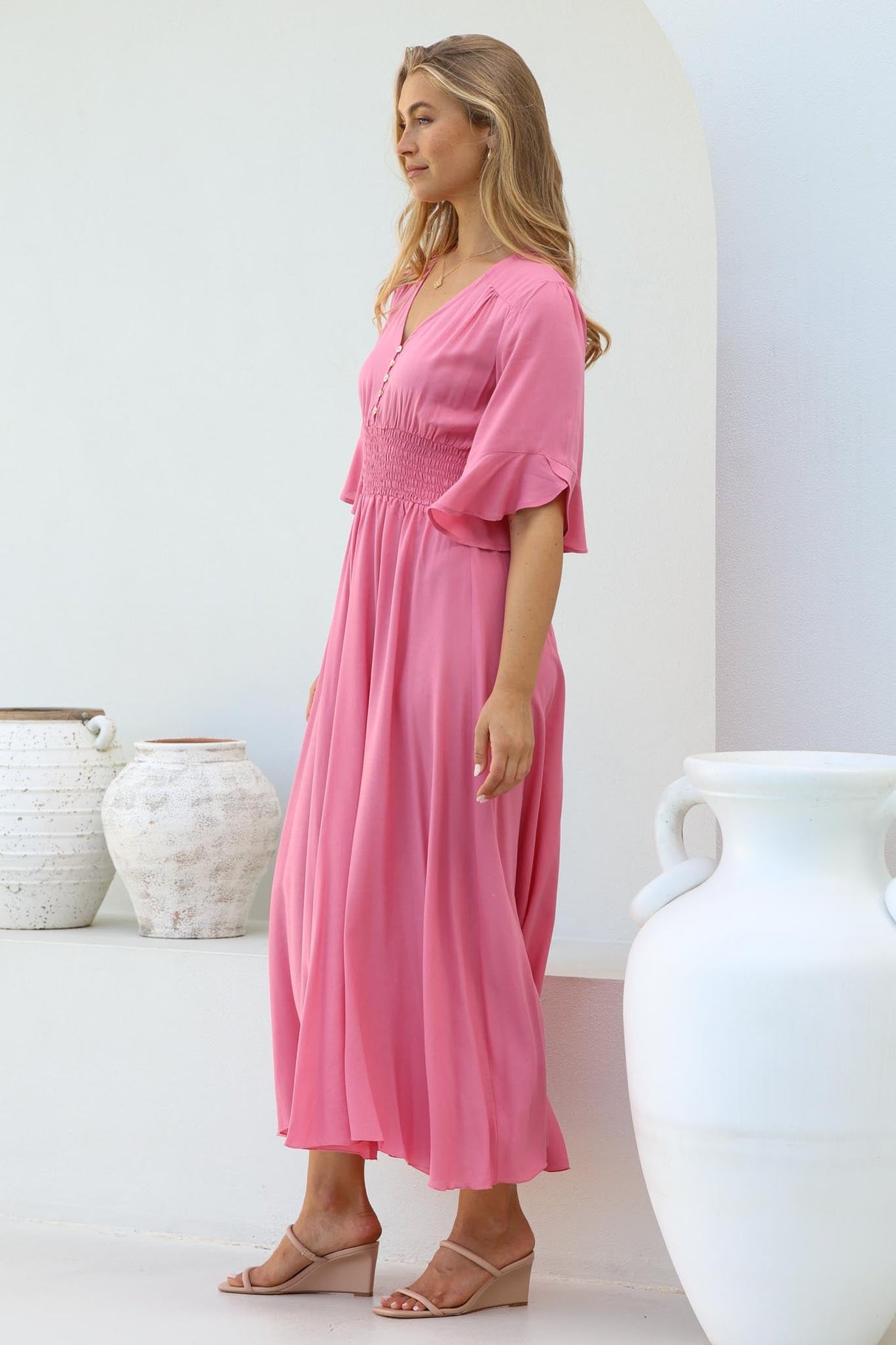 Alba Maxi Dress - Buttoned Bodie A Line Dress with Flute Sleeves in Pink