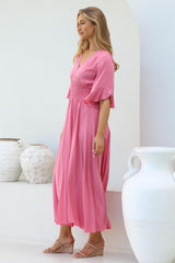 Alba Maxi Dress - Buttoned Bodie A Line Dress with Flute Sleeves in Pink