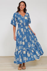 Alba Maxi Dress - Buttoned Bodice A Line Dress With Flute Sleeves In Quanda Print