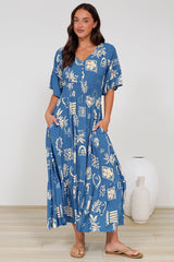 Alba Maxi Dress - Buttoned Bodice A Line Dress With Flute Sleeves In Quanda Print
