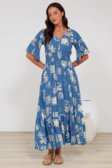 Alba Maxi Dress - Buttoned Bodice A Line Dress With Flute Sleeves In Quanda Print