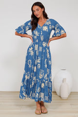 Alba Maxi Dress - Buttoned Bodice A Line Dress With Flute Sleeves In Quanda Print