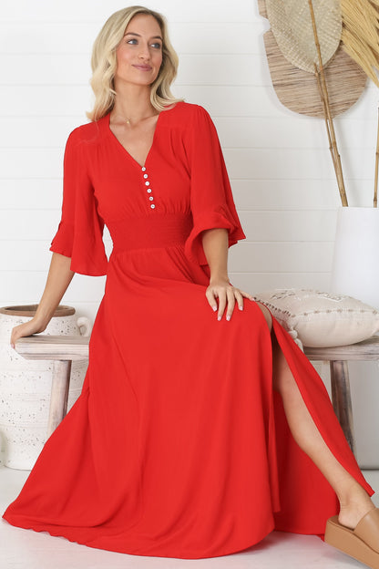Alba Maxi Dress - Buttoned Bodie A Line Dress With Flute Sleeves In Red