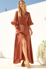 Alba Maxi Dress - Buttoned Bodice A Line Dress in Rust