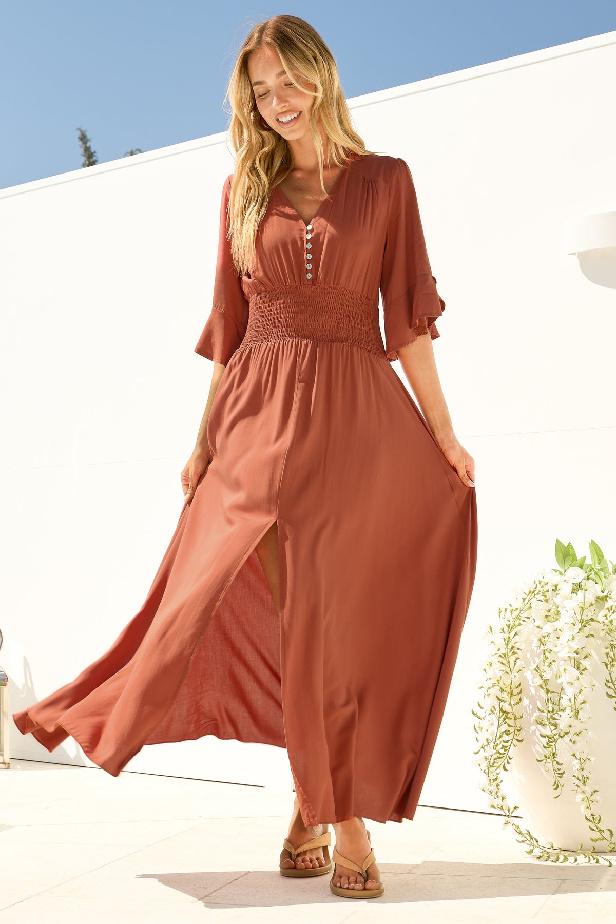 Alba Maxi Dress - Buttoned Bodice A Line Dress in Rust