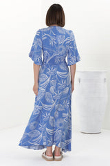 Alba Maxi Dress - Buttoned Bodice A Line Dress With Flute Sleeves In Havanna Print Blue