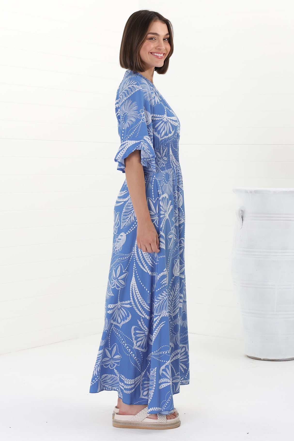 Alba Maxi Dress - Buttoned Bodice A Line Dress With Flute Sleeves In Havanna Print Blue