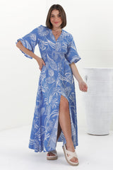 Alba Maxi Dress - Buttoned Bodice A Line Dress With Flute Sleeves In Havanna Print Blue