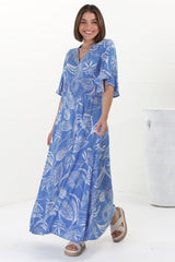 Alba Maxi Dress - Buttoned Bodie A Line Dress With Flute Sleeves In Havanna Print Blue