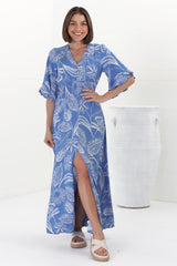 Alba Maxi Dress - Buttoned Bodice A Line Dress With Flute Sleeves In Havanna Print Blue