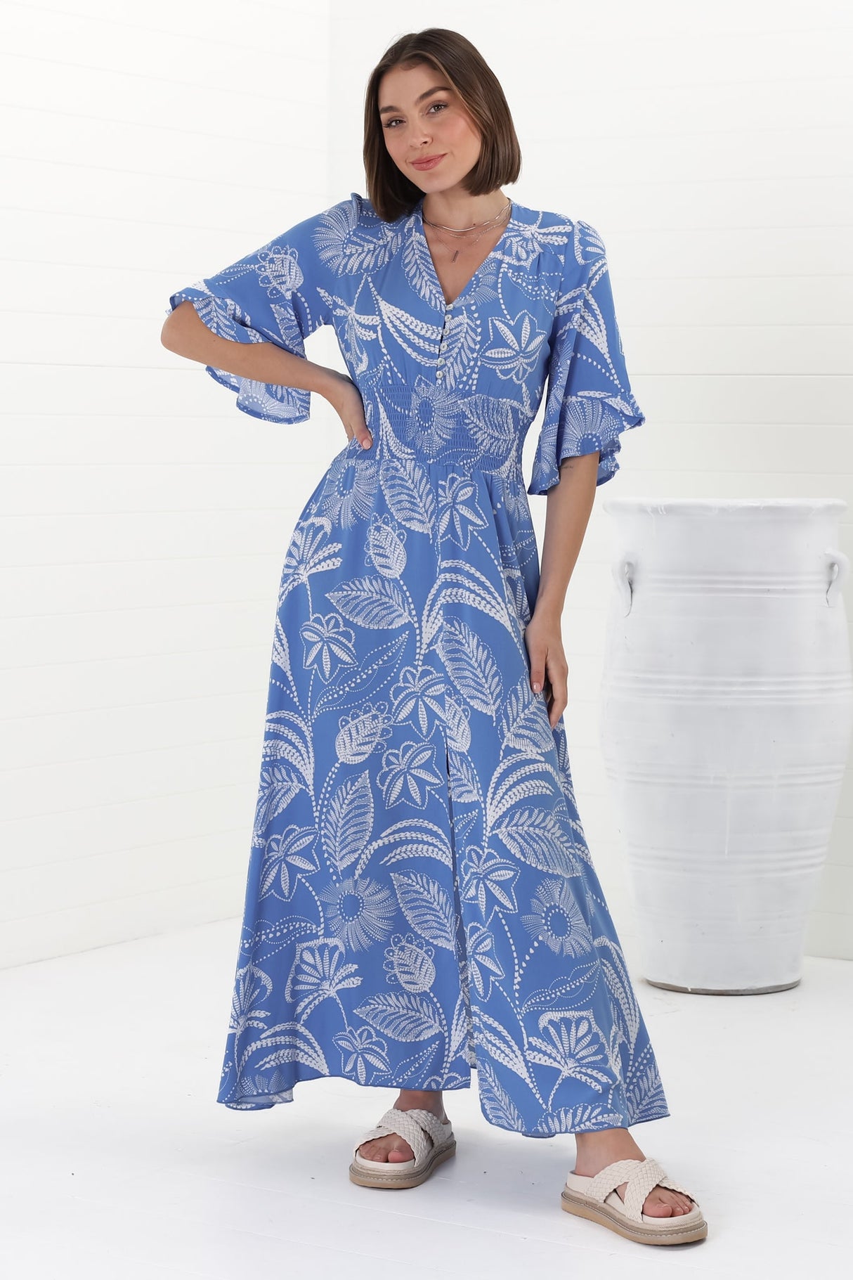 Alba Maxi Dress - Buttoned Bodice A Line Dress With Flute Sleeves In Havanna Print Blue