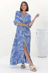 Alba Maxi Dress - Buttoned Bodice A Line Dress With Flute Sleeves In Havanna Print Blue