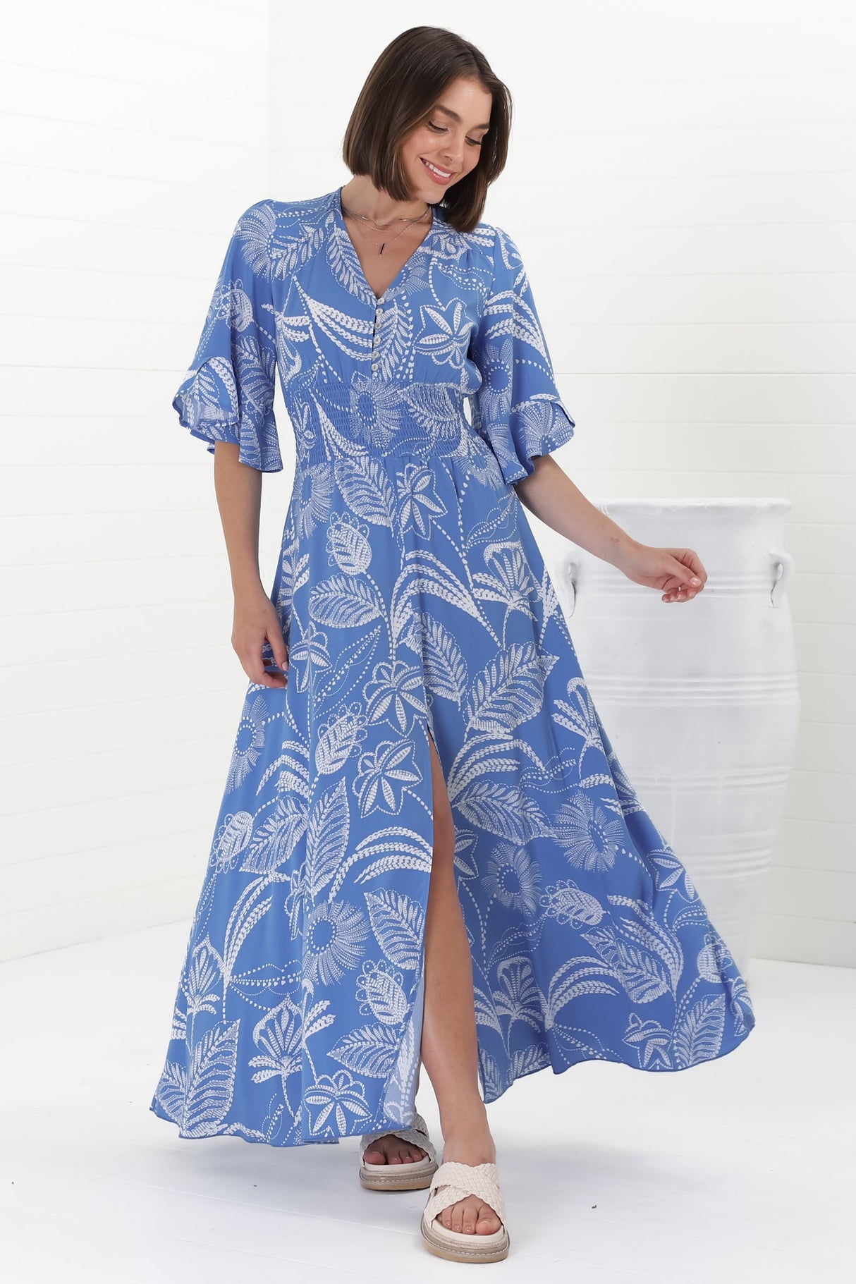 Alba Maxi Dress - Buttoned Bodice A Line Dress With Flute Sleeves In Havanna Print Blue