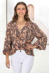 Albany Top - Pleating Details Pull Over Top With Long Balloon Sleeves In Chana Print