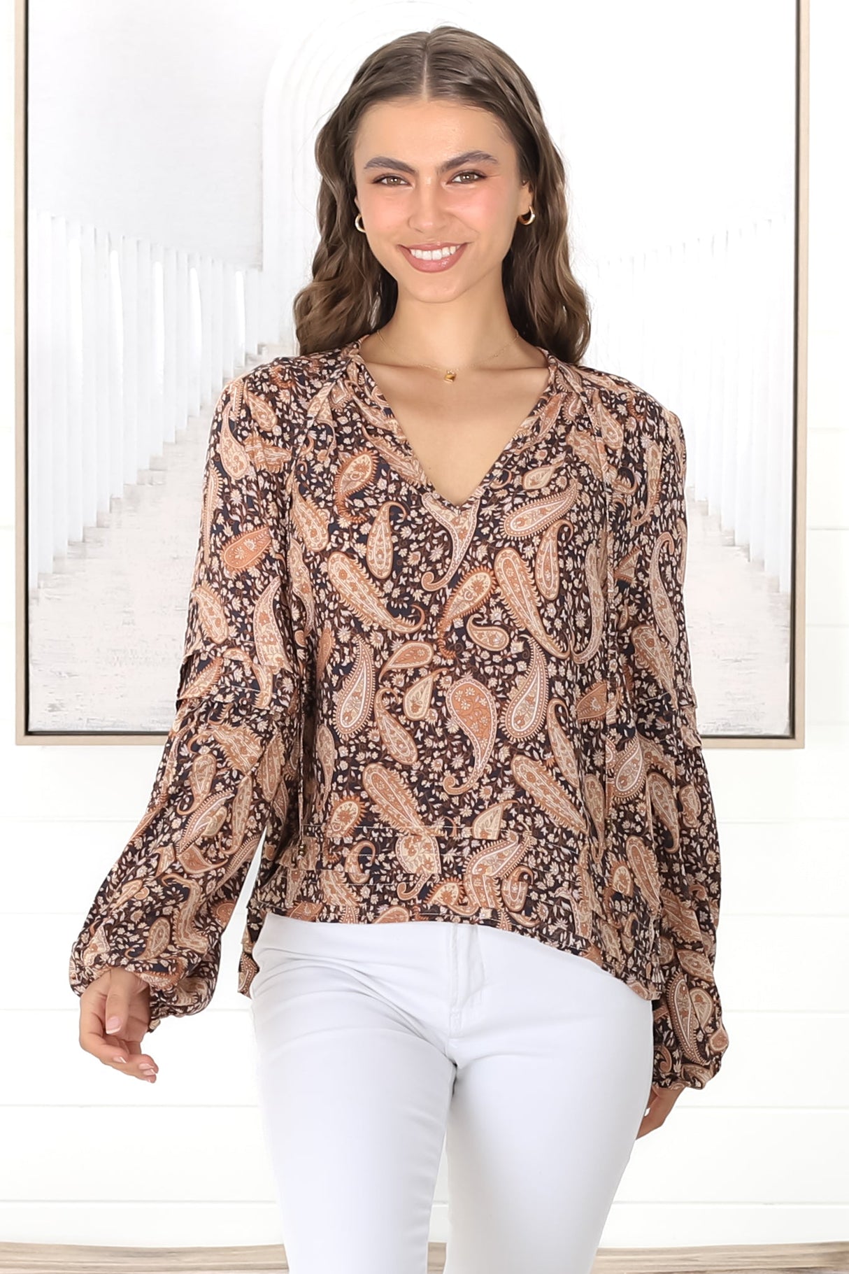 Albany Top - Pleating Details Pull Over Top With Long Balloon Sleeves In Chana Print