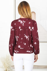 Albany Top - Pleating Details Pull Over Top With Long Balloon Sleeves In Maron Print Red