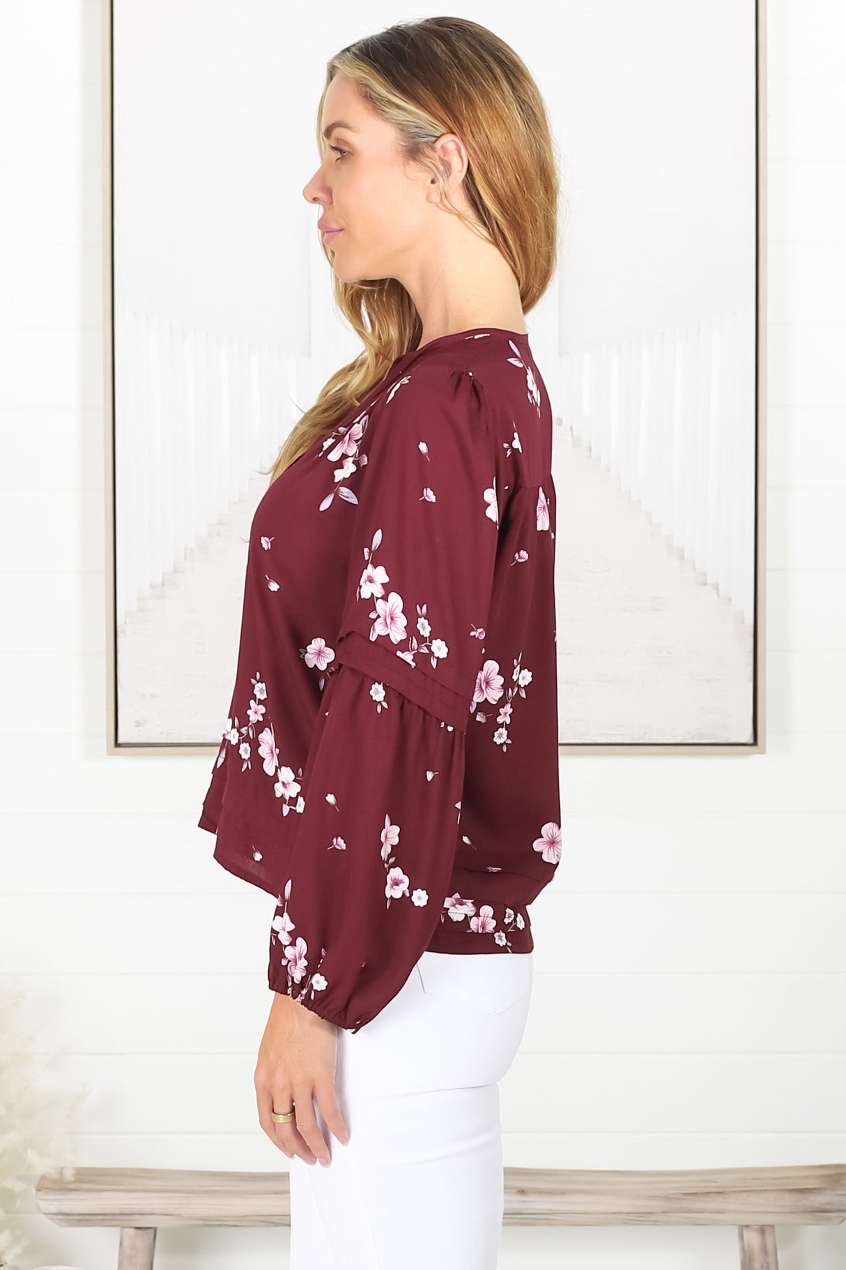 Albany Top - Pleating Details Pull Over Top With Long Balloon Sleeves In Maron Print Red