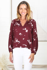 Albany Top - Pleating Details Pull Over Top With Long Balloon Sleeves In Maron Print Red