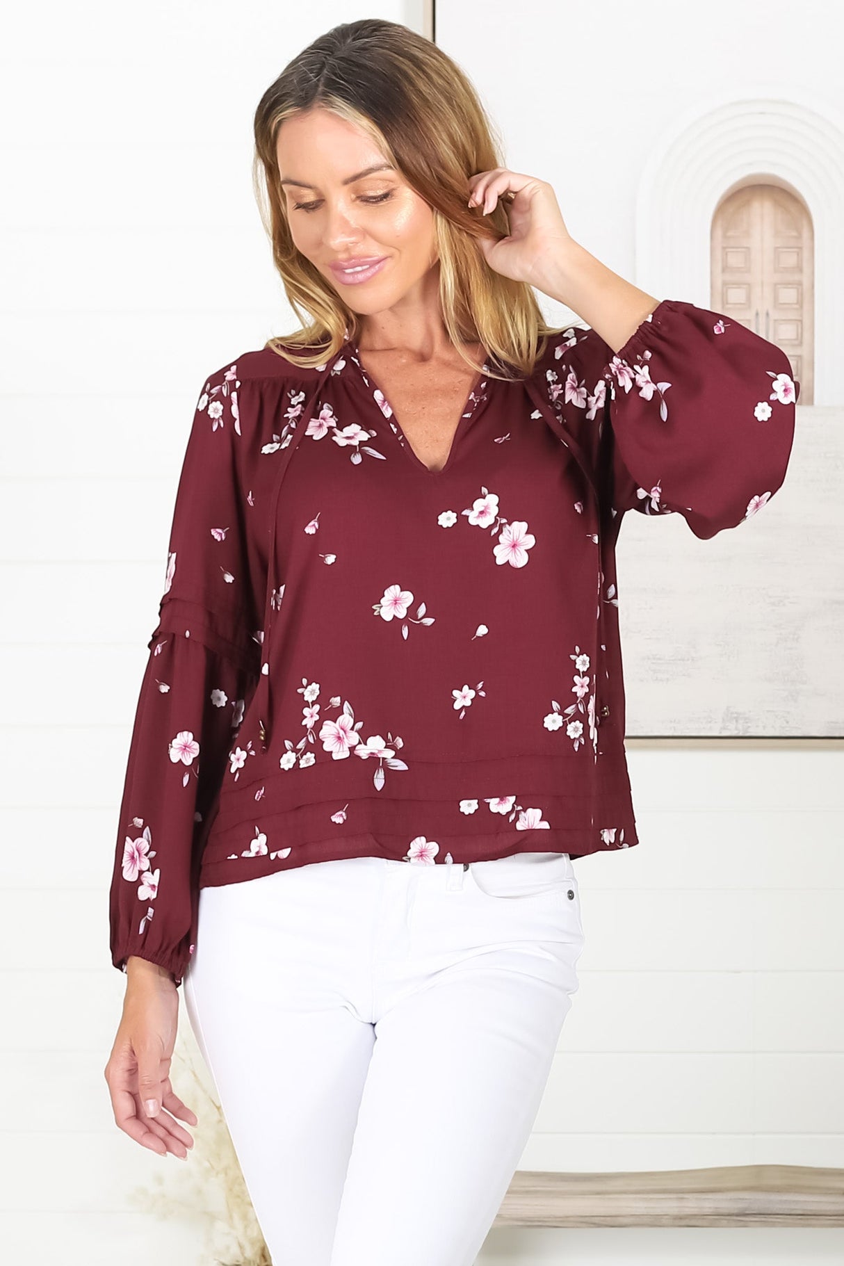 Albany Top - Pleating Details Pull Over Top With Long Balloon Sleeves In Maron Print Red