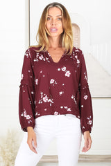 Albany Top - Pleating Details Pull Over Top With Long Balloon Sleeves In Maron Print Red