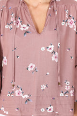 Albany Top - Pleating Details Pull Over Top With Long Balloon Sleeves In Maron Print Rose