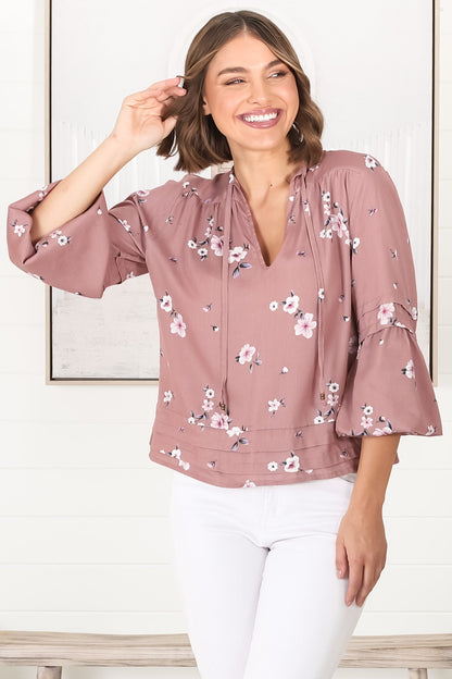 Albany Top - Pleating Details Pull Over Top With Long Balloon Sleeves In Maron Print Rose