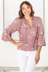 Albany Top - Pleating Details Pull Over Top With Long Balloon Sleeves In Maron Print Rose