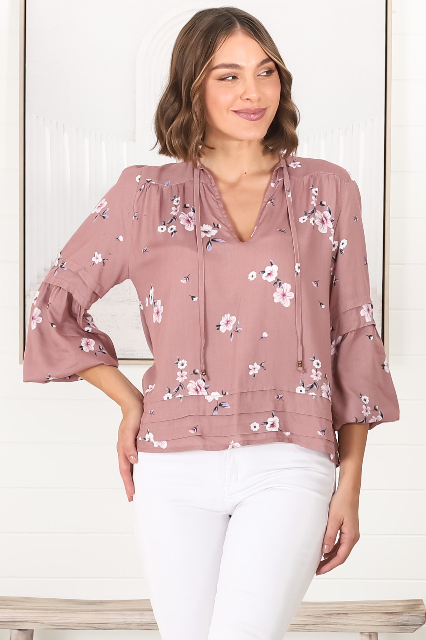 Albany Top - Pleating Details Pull Over Top With Long Balloon Sleeves In Maron Print Rose