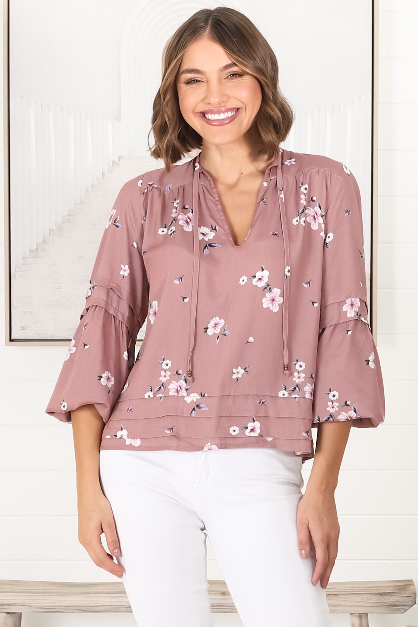 Albany Top - Pleating Details Pull Over Top With Long Balloon Sleeves In Maron Print Rose