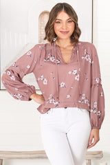 Albany Top - Pleating Details Pull Over Top With Long Balloon Sleeves In Maron Print Rose