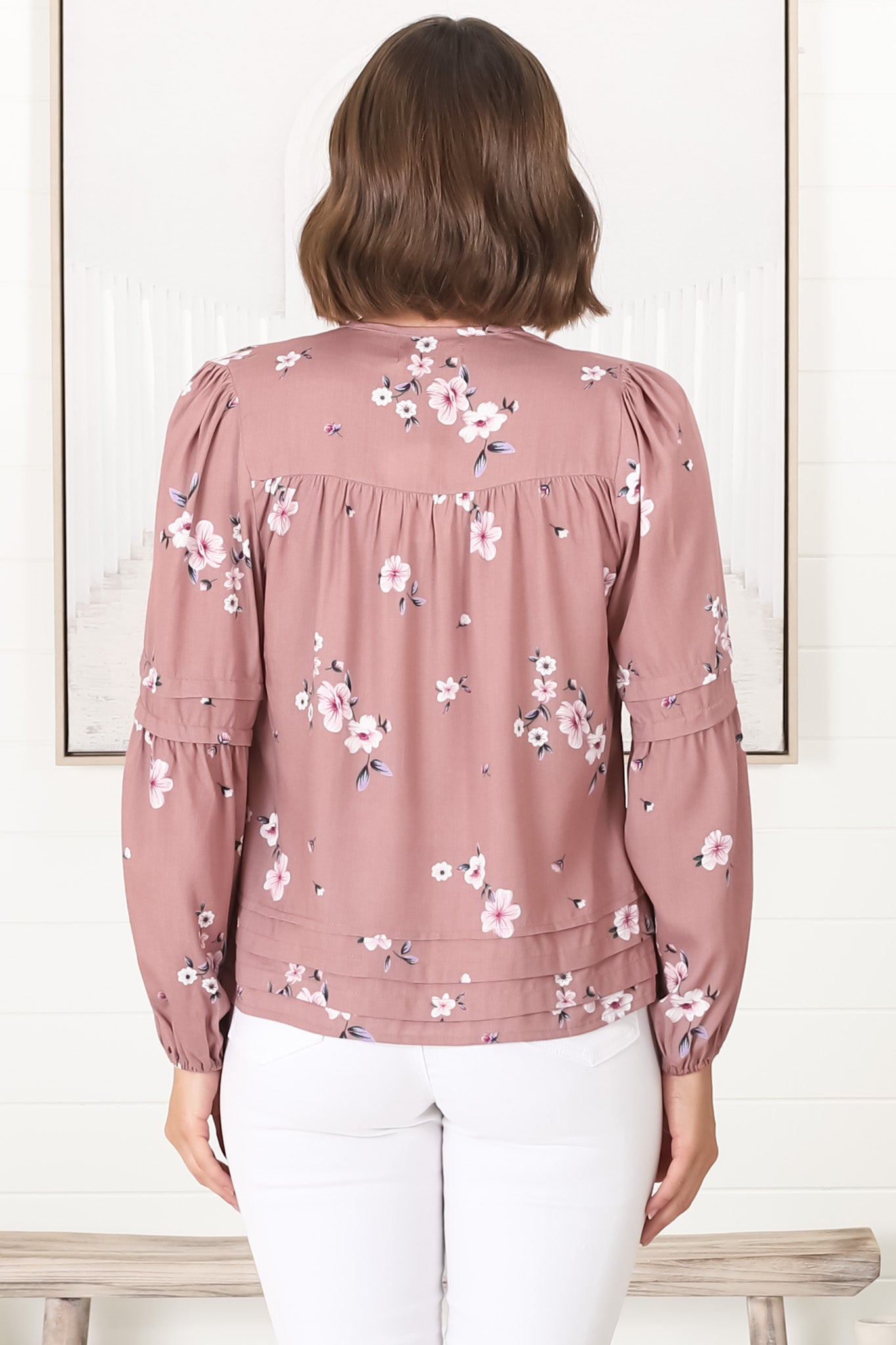 Albany Top - Pleating Details Pull Over Top With Long Balloon Sleeves In Maron Print Rose