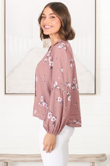 Albany Top - Pleating Details Pull Over Top With Long Balloon Sleeves In Maron Print Rose