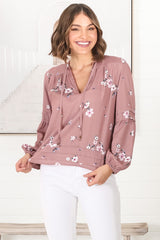 Albany Top - Pleating Details Pull Over Top With Long Balloon Sleeves In Maron Print Rose