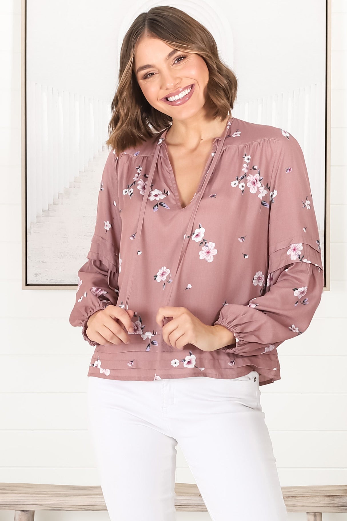 Albany Top - Pleating Details Pull Over Top With Long Balloon Sleeves In Maron Print Rose