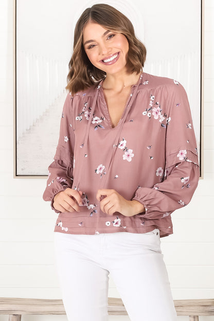 Albany Top - Pleating Details Pull Over Top With Long Balloon Sleeves In Maron Print Rose