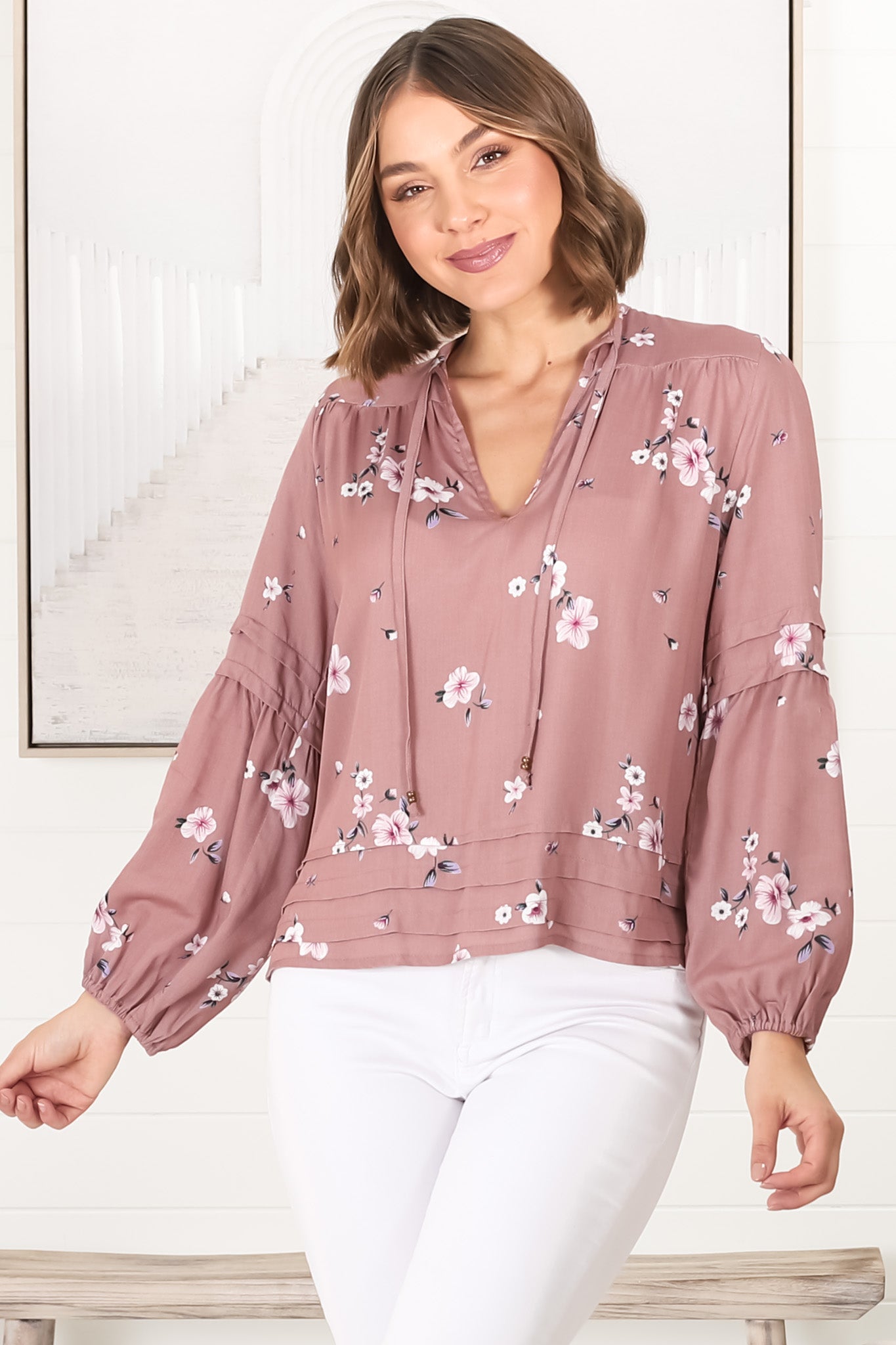 Albany Top - Pleating Details Pull Over Top With Long Balloon Sleeves In Maron Print Rose