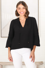 Albany Top - Pleating Details Pull Over Top With Long Balloon Sleeves In Black