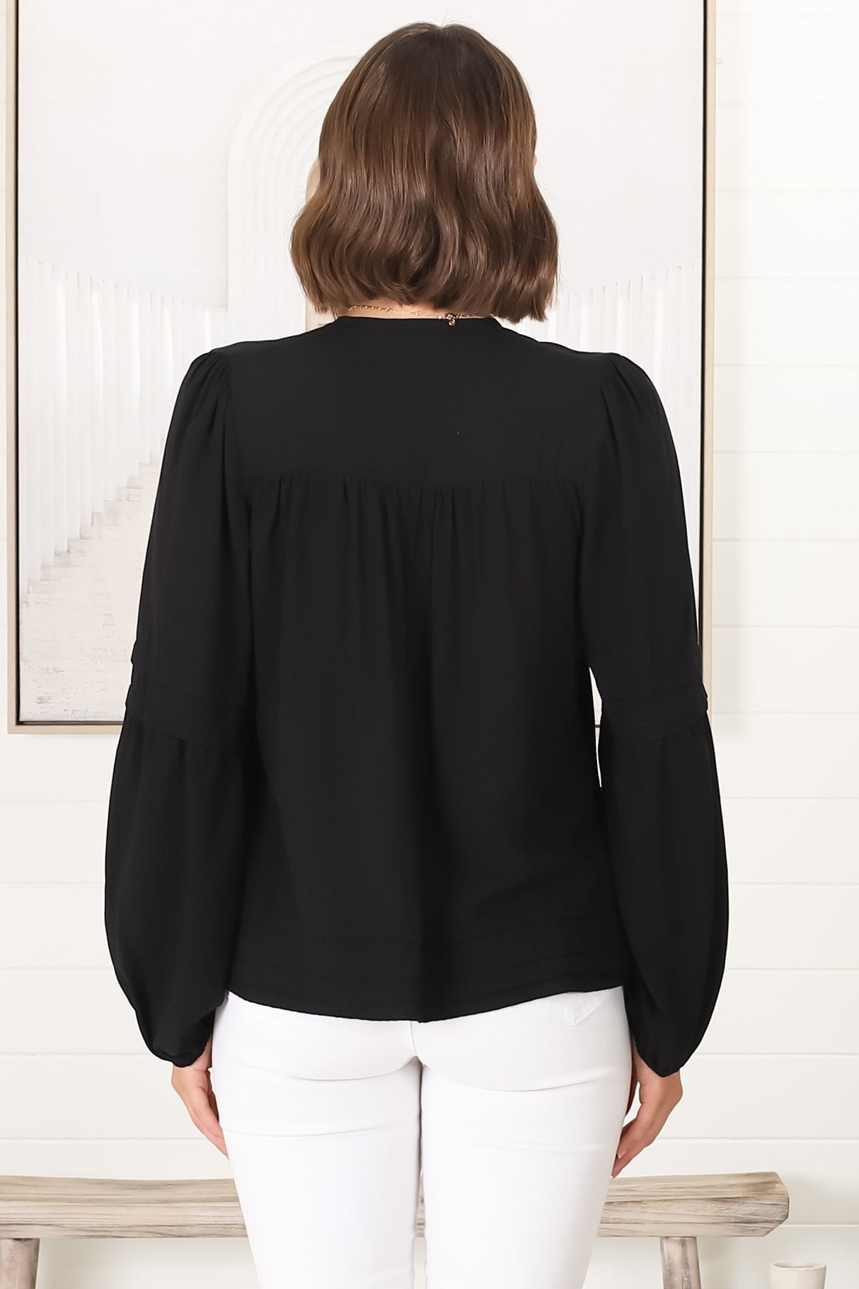 Albany Top - Pleating Details Pull Over Top With Long Balloon Sleeves In Black