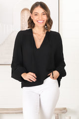 Albany Top - Pleating Details Pull Over Top With Long Balloon Sleeves In Black