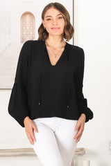 Albany Top - Pleating Details Pull Over Top With Long Balloon Sleeves In Black