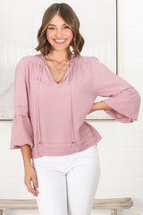 Albany Top - Pleating Details Pull Over Top With Long Balloon Sleeves In Dust Pink