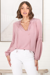 Albany Top - Pleating Details Pull Over Top With Long Balloon Sleeves In Dust Pink