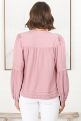 Albany Top - Pleating Details Pull Over Top With Long Balloon Sleeves In Dust Pink