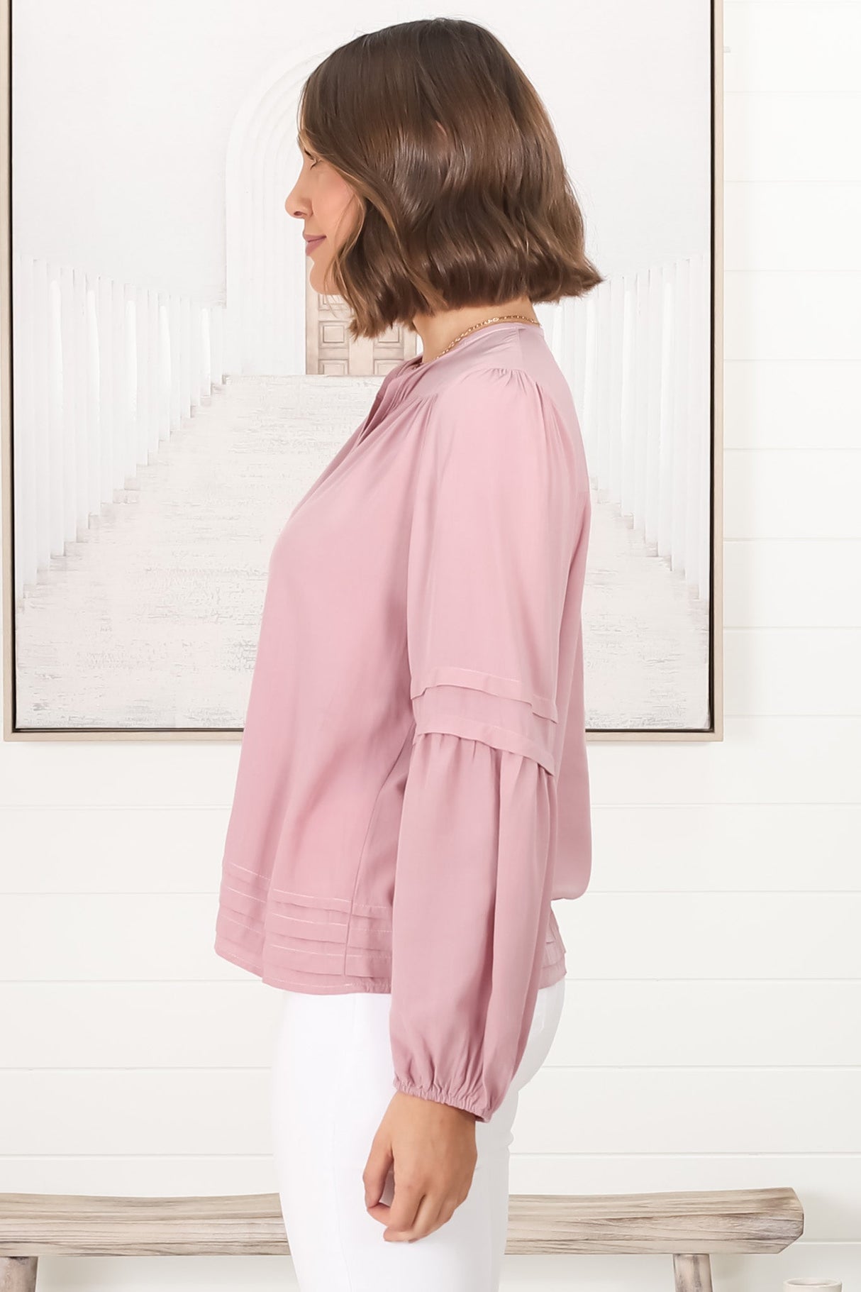 Albany Top - Pleating Details Pull Over Top With Long Balloon Sleeves In Dust Pink