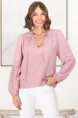 Albany Top - Pleating Details Pull Over Top With Long Balloon Sleeves In Dust Pink