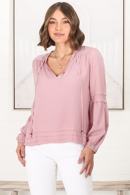 Albany Top - Pleating Details Pull Over Top With Long Balloon Sleeves In Dust Pink