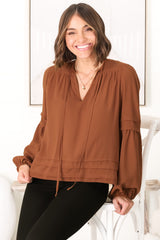 Albany Top - Pleating Details Pull Over Top with Long Balloon Sleeves in Tan